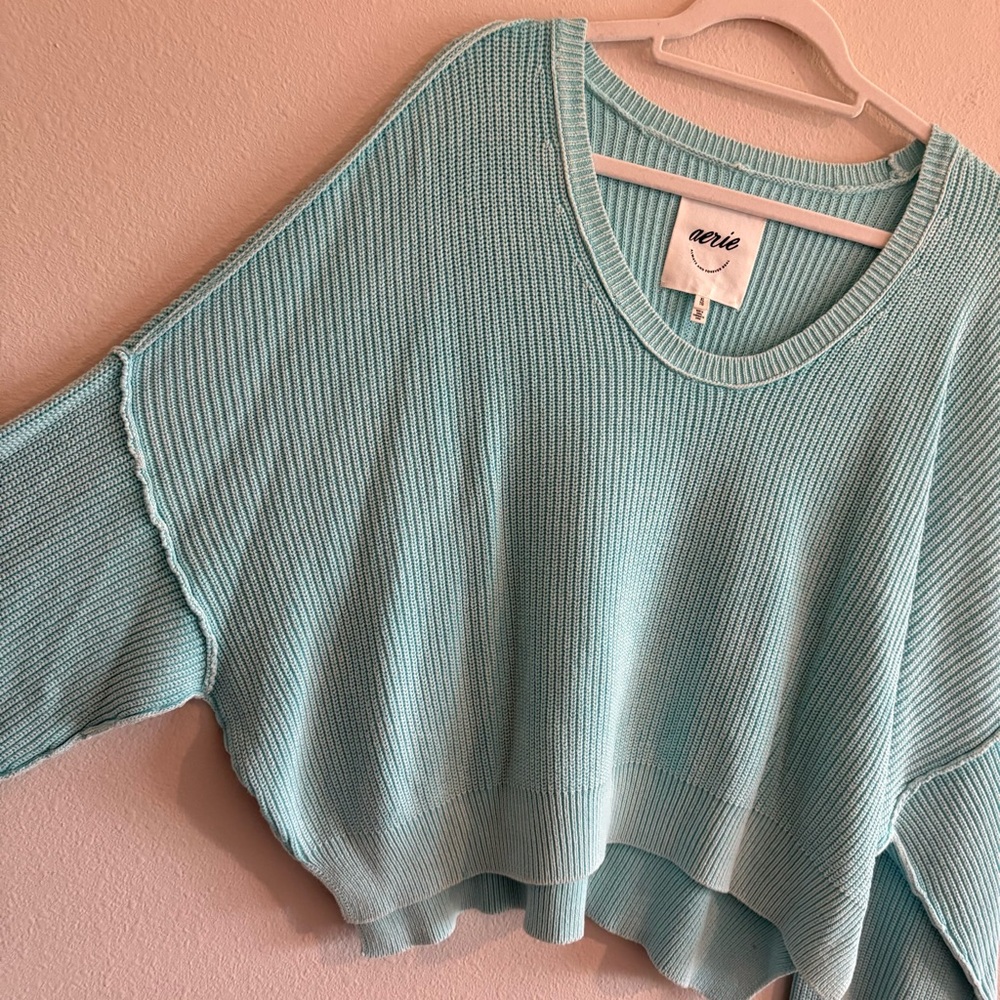 NWOT Aerie Beyond Cropped Sweater Coziest Yarn Relaxed Fit Women’s XL Turquoise - Picture 2 of 8